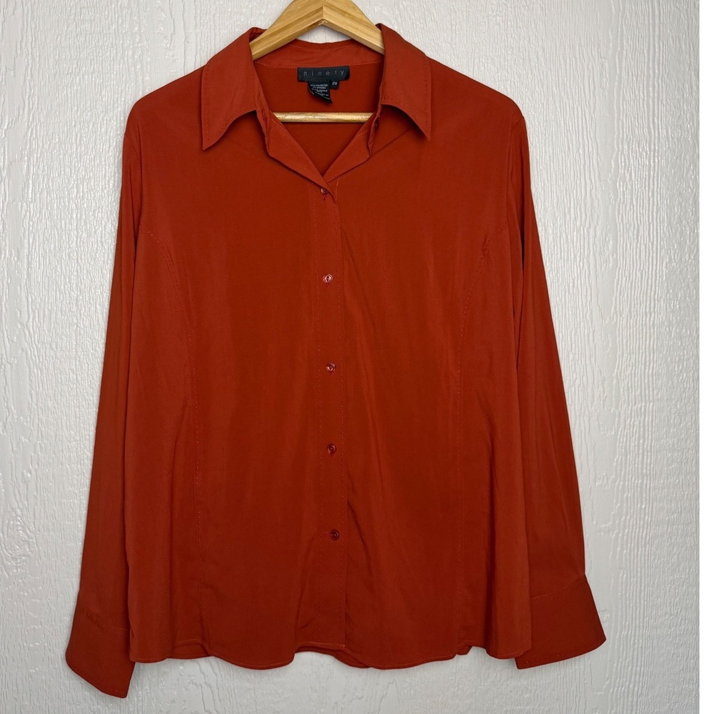 Ninety Womens 2X Burnt Orange Button Down Long Sleeve Blouse Pick Stitch City